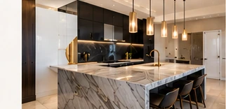 Illustrative kitchen island with premium slab countertop